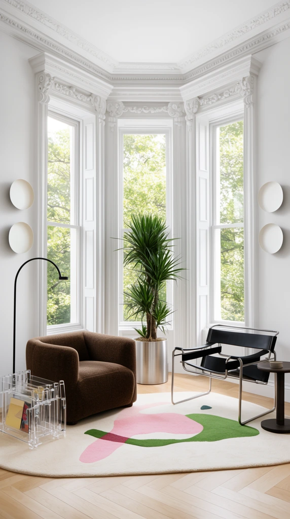 A sunlit modern interior corner features tall angled bay windows with ornate white classical molding revealing lush green trees. A chunky brown upholstered armchair sits beside a clear acrylic rack and a curving black floor lamp. A metallic silver planter with a spiky green plant centers the space. To the right, a black leather and chrome tubular chair rests by a small dark side table. Light wood herringbone floors feature a cream rug with abstract pink and green shapes against crisp white walls adorned with flat circular sconces.