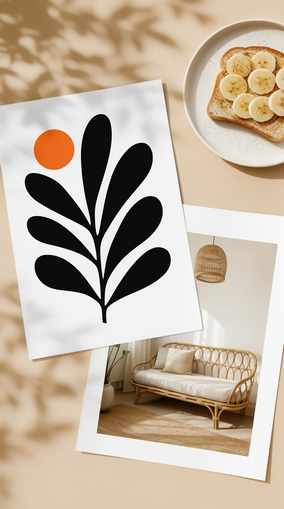 minimalist flat lay of overlapping white printed sheets on a warm beige surface, soft dappled botanical shadow overlays, featuring a bold black abstract plant silhouette with an orange circle, a top-down photograph of banana toast, an interior photo of a rattan daybed and woven pendant light, warm neutral palette, editorial layout styling, clean modern aesthetic, soft natural daylighting