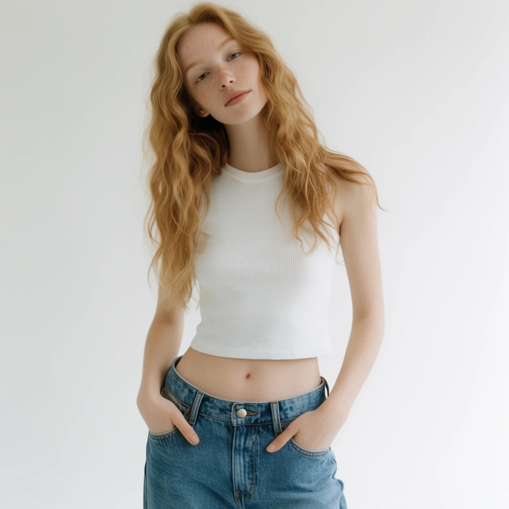 young woman with fair freckled skin and long wavy strawberry blonde hair, head tilted slightly with a relaxed neutral expression, wearing a white ribbed sleeveless crop tank top and medium wash blue denim jeans, hands casually tucked into front pockets, standing against a seamless bright white studio backdrop, soft diffused lighting, minimalist fashion photography, natural styling, bright airy aesthetic