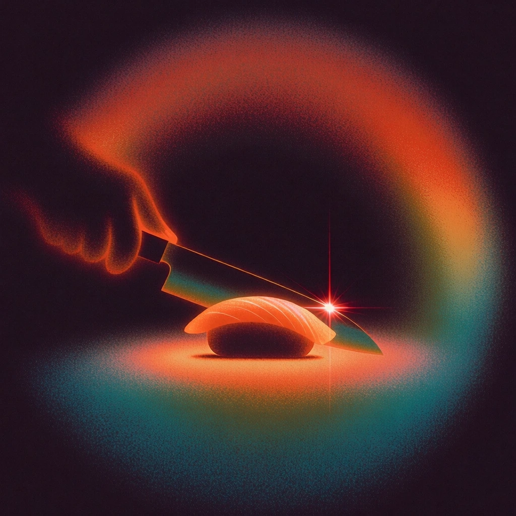 macro silhouette of a hand wielding a yanagiba knife slicing a piece of nigiri sushi, centered to create a dark circular void, surrounded by a radiant diffused corona, top arc glowing with deep vermillion and ember orange, bottom arc fading into a grainy teal and cyan gradient, heavy coarse-grit film grain, stippled dithered textures, a piercing four-point anamorphic lens flare glinting off the blade's heel, 70s retro-futuristic sci-fi book cover aesthetic, minimalist high-contrast