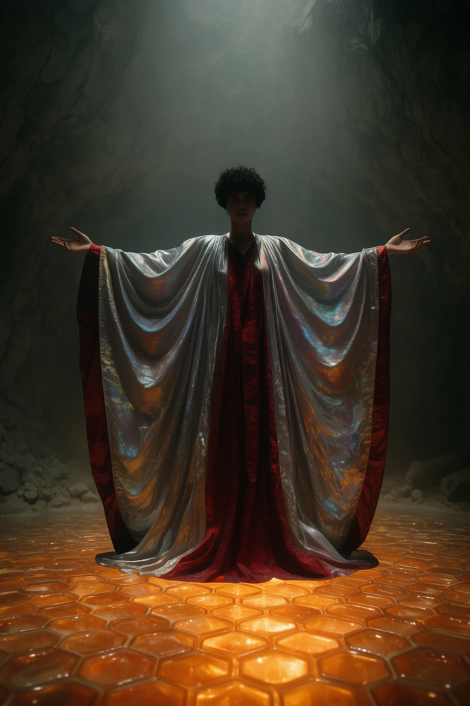A tall figure with short dark curly hair stands with arms dramatically outstretched, wearing a flowing iridescent silver and crimson robe. They are centered on a glossy glowing amber hexagonal grid floor inside a dark subterranean cavern. Cinematic top-down spotlighting illuminates the rich fabric through hazy atmospheric fog in this highly symmetrical, moody wide shot.