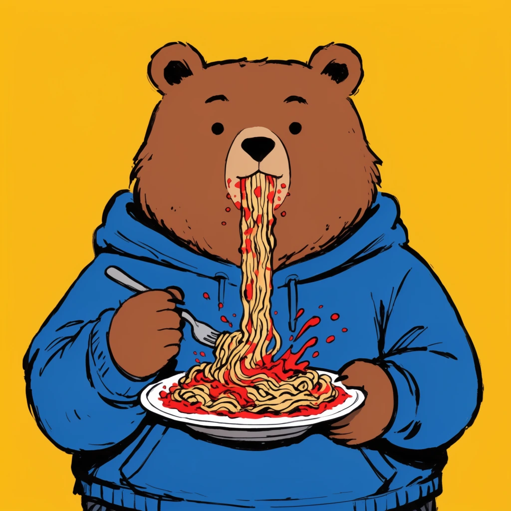 comic style chubby brown bear in a blue hoodie, slurping a wildly long noodle with splashing red sauce, holding a fork, solid yellow background, bold black outlines