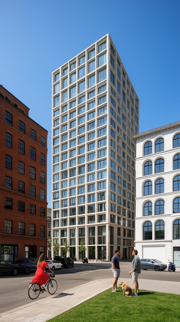 A modern light-stone residential tower with a grid glass facade anchors a street, flanked by a red brick building and a white building with arched windows. In the foreground intersection, a woman cycles in a red dress. Two men with a dog converse near a grassy patch. Parked cars and a scooter line the street under a clear blue sky. Shot in a bright, sharp architectural photography style.