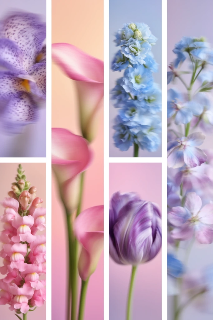 A modern grid collage presents six panels of softly blurred pastel flowers separated by thick white borders, unified by an ethereal, directional motion blur. The layout pairs two tall vertical panels with four smaller squares. The left squares feature speckled purple petals above clustered pink snapdragons. A tall central panel displays pink calla lilies against a peach-to-pink gradient. Adjacent squares hold ruffled blue blossoms on a stalk and a single swirled purple tulip. The far-right vertical panel highlights delicate light blue and purple blossoms. Soft, diffused lighting enhances the delicate botanical textures and an analogous color palette of pinks, purples, and blues, giving the subjects a vibrating, dreamlike quality.