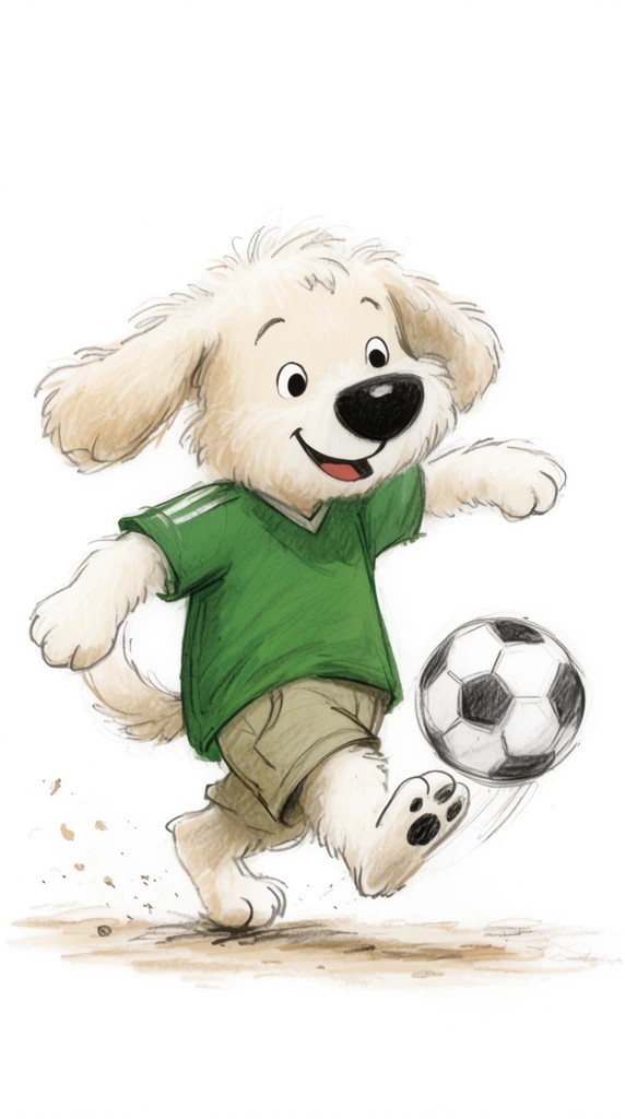 anthropomorphic fluffy cream dog kicking a black and white soccer ball, whimsical children's book illustration, smiling puppy with floppy ears and large black nose, wearing a green sports jersey and khaki shorts, dynamic mid-kick pose, simple sketched dirt ground with trailing dust particles, stark white background, soft colored pencil and graphite textures, loose expressive lines, playful and energetic atmosphere