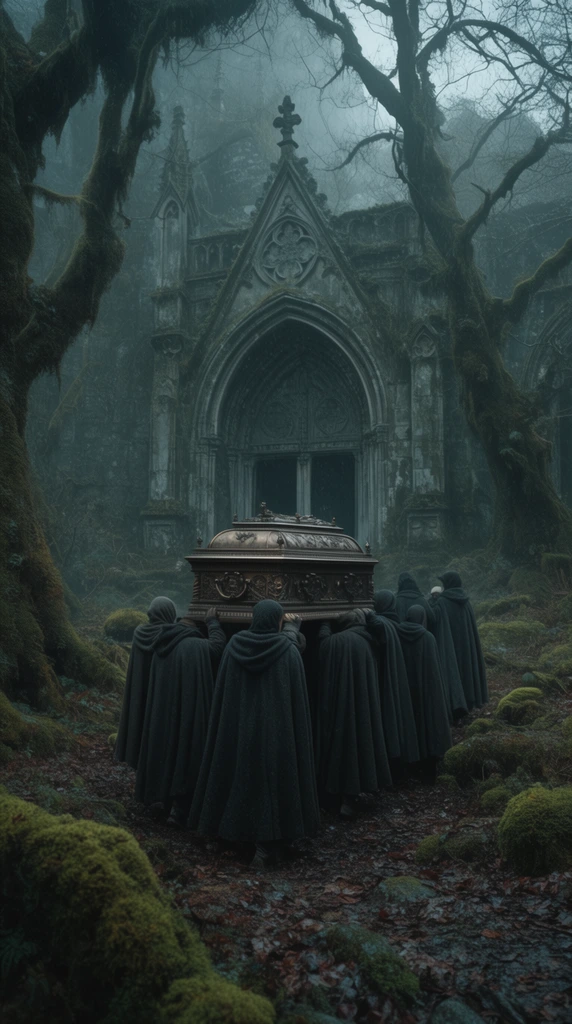 group of figures in heavy dark wool cloaks carrying a single ornate bronze sarcophagus, walking away from the viewer toward a weathered gothic cathedral entrance, misty moss-covered ancient forest setting, cinematic dark fantasy lighting, muted teal and earth tones, wide angle shot, somber atmospheric mood, fallen moss and damp earth, overcast sky