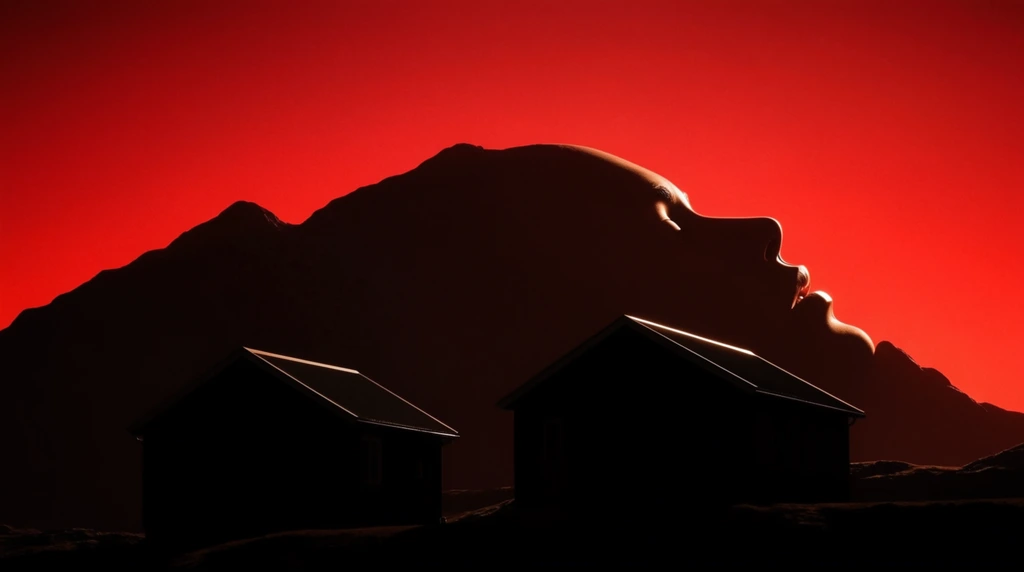 A stark silhouette of a mountain range contoured into the shape of a large face, accompanied by two houses at its base, set against an intensely luminous crimson sky. The two solid black houses sit in the foreground, their pitched roofs sharply defined. Behind them, the massive mountain range rises, its ridgeline carving the precise profile of a face. Extreme high-contrast chiaroscuro lighting dominates the composition, plunging the landscape and mountain forms into dense, flat black. A razor-sharp rim light delicately traces the edges of the house roofs and the structural features of the mountain's face, catching the contours with a bright, glowing highlight. The background sky is a seamless, vibrant gradient of saturated blood red, producing a minimalist, cinematic aesthetic through the stark interplay of heavy, opaque silhouettes and a vividly illuminated backdrop.