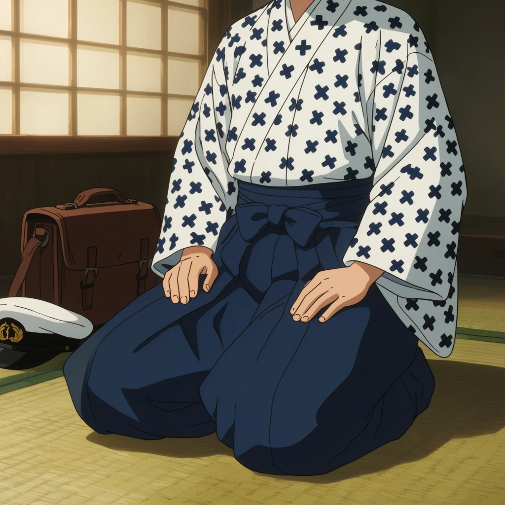 A mid-shot framing a person kneeling on a tatami mat floor in a traditional Japanese setting. The person wears a white kimono top patterned with dark blue crosses, tucked into voluminous, dark blue hakama pants tied with a bow at the waist. Their hands rest lightly on their thighs. To their left, a brown satchel and a white cap with a black brim and gold insignia sit on the floor. Behind the person, a shoji screen filters warm sunlight, casting a distinct shadow on the tatami mat. The scene is rendered in an anime-style illustration.