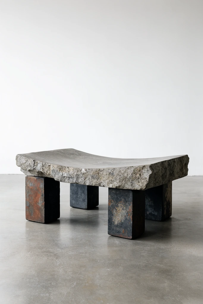 A brutalist stone coffee table with a thick, concave, rough-hewn top sits on a smooth concrete floor. Supported by four massive, weathered cuboid legs in charcoal and rust, the sculptural piece is bathed in soft, diffused light against a minimalist white wall.