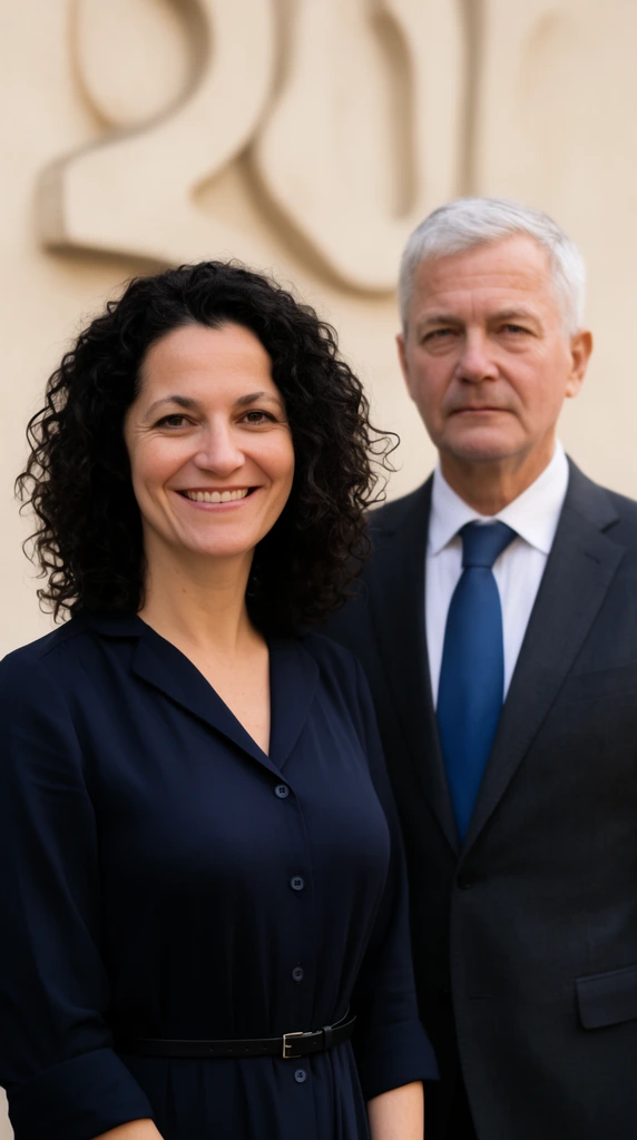 A professional dual portrait features a smiling woman and a neutral-faced older man standing against a light beige wall adorned with large, blurred, raised architectural shapes. The woman in the left foreground has dark, shoulder-length curly hair and wears a dark navy button-up dress cinched by a thin black belt. Behind her on the right, the man with short grey hair wears a dark grey suit jacket, white shirt, and blue tie. A shallow depth of field isolates the sharply focused subjects from the softly out-of-focus background, captured in soft, diffused daylight.