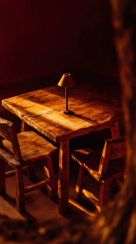 Two rustic wooden chairs positioned around a heavy timber table bearing a solitary lamp, anchored in a deeply shadowed, intimate environment. The furniture features pronounced, rough-hewn wood grain with rich, tactile textures and organic, uneven edges. A dramatic, highly directional shaft of warm, golden-amber light cuts diagonally across the composition, striking the table surface and creating stark chiaroscuro contrast against velvety mahogany shadows. The color palette is strictly limited to saturated earth tones, burnt sienna, golden ochre, and deep umber. The intimate framing incorporates blurred, heavily shadowed textural elements in the extreme foreground, forming a strong natural vignette that directs focus to the sharply rendered, brilliantly lit center. The intense directional lighting produces elongated, deep brown cast shadows that emphasize the coarse pores and rugged topography of the wood surfaces under a moody, high-contrast atmospheric treatment.