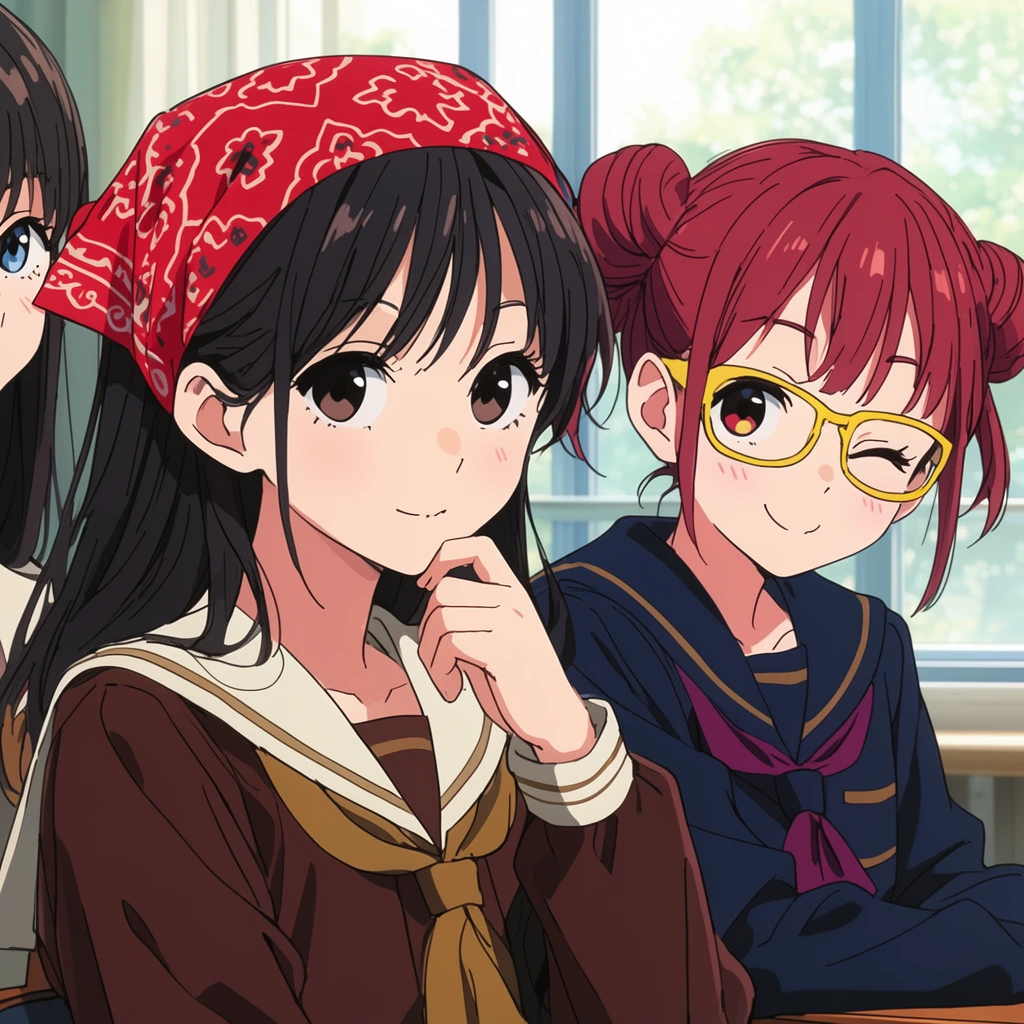 2D anime illustration, girl with dark hair and red patterned bandana in brown sailor uniform touching chin, adjacent girl with reddish twin buns and yellow glasses winking playfully in navy uniform, partial view of third person on left edge, brightly lit classroom, background window with diffused daylight, crisp line art, vibrant colors, cheerful atmosphere