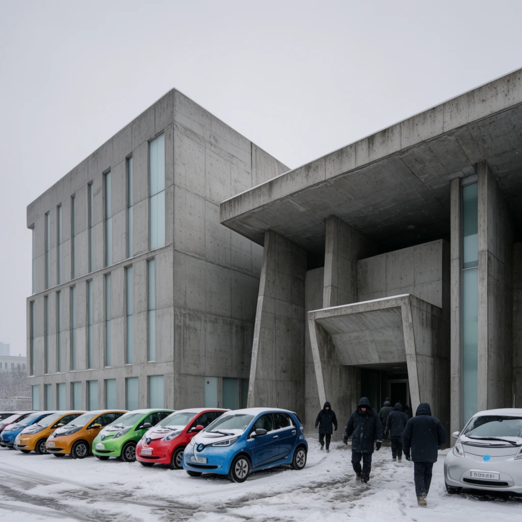 An angular brutalist concrete office complex with narrow frosted windows dominates a snowy parking lot on a bleak winter afternoon. Brightly colored compact electric vehicles sit in neat rows across the foreground beneath fresh snow. Workers in heavy dark parkas trudge through slush toward a deeply recessed entrance framed by geometric concrete pillars. The overhanging flat roof and an overcast sky cast a diffused grey light, emphasizing the harsh textures of the raw concrete. Wide-angle architectural photography, deep depth of field, and a stark palette of greys and whites punctuated by vibrant cars perfectly capture a cold, monolithic corporate atmosphere.