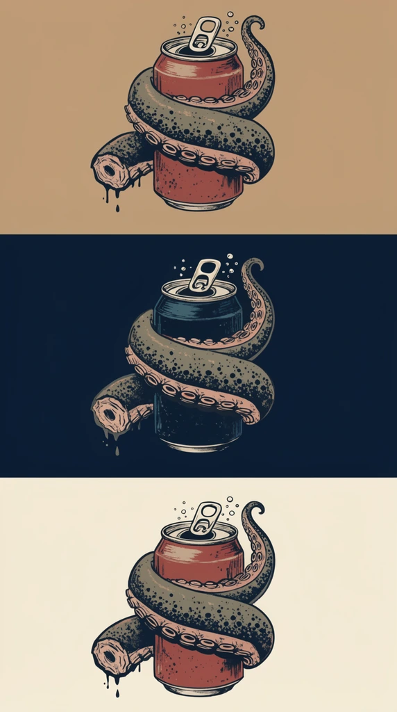 triptych of identical illustrations on solid tan, navy, and cream backgrounds, open beverage can wrapped by a thick speckled tentacle, severed tentacle piece dripping at bottom left, raised pull-tab with stylized bubbles, vintage screen-print aesthetic, heavy dark linework, muted flat palette