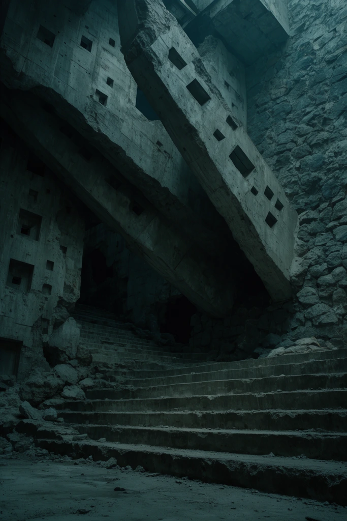 Brutalist concrete ruins merge with rough stone. Wide stairs ascend into dark crevices beneath massive diagonal beams. Crumbling gray surfaces feature square indentations. Dim atmospheric lighting casts deep shadows across the muted teal cavernous space. Cinematic dystopian architecture.