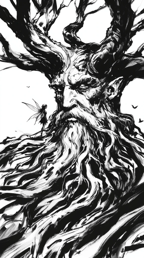 massive tree giant, gnarled bark, branching horns, flowing root beard, tiny winged fairy at shoulder, stark black and white ink illustration, high contrast, expressive brushstrokes, dynamic negative space