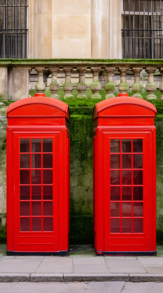 Two identical bright red vintage phone booths with domed roofs and multi-paned glass windows stand side-by-side on a paved walkway. Directly behind the empty crimson structures is a classic stone balustrade heavily weathered with bright green moss, set against a beige building facade with barred windows. Captured straight-on in soft natural daylight, emphasizing the vivid color contrast between the glossy booths and the muted, aged masonry.