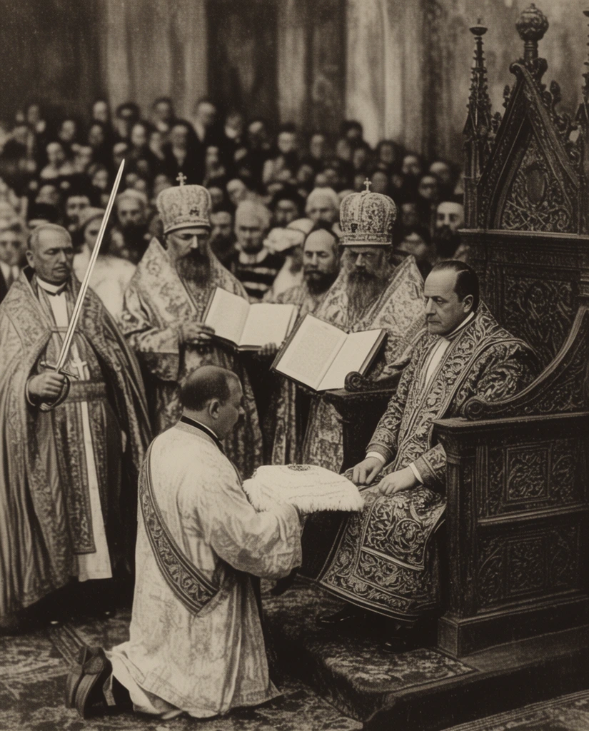 A vintage sepia photograph of a solemn ceremony. A man sits on an intricately carved wooden throne wearing heavily embroidered robes while a kneeling official presents a white ceremonial cloth. Dignitaries in elaborate ecclesiastical vestments hold large open books nearby, and a man on the left stands gripping an upright sword. A soft-focus, dense crowd of spectators fills a grand hall in the background under grainy, high-contrast lighting.