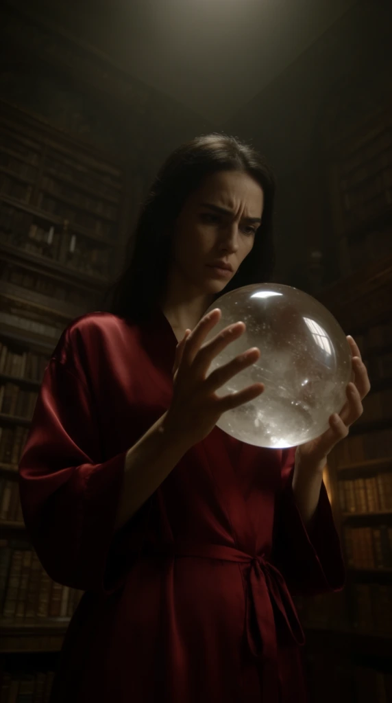 A slender dark-haired woman in a crimson silk robe stands in a dimly lit antique library, gripping a massive, smooth crystal orb in both hands. Her intense, furrowed gaze is directed downward at the heavy sphere. A low-angle perspective emphasizes her silhouette against the towering, shadow-draped bookshelves. Cinematic overhead lighting casts deep shadows across her face while creating a sharp, stark highlight on the curved glass surface. The composition uses a muted, warm color palette with a softly focused background, isolating the brightly lit central subject in the low-light environment.