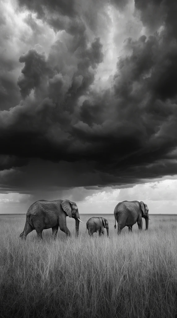 Three elephants, including a small calf, traverse tall savanna grass beneath immense, dramatic storm clouds. The black and white wide-angle landscape features stark contrast, a vast flat horizon, and a deeply moody atmosphere.