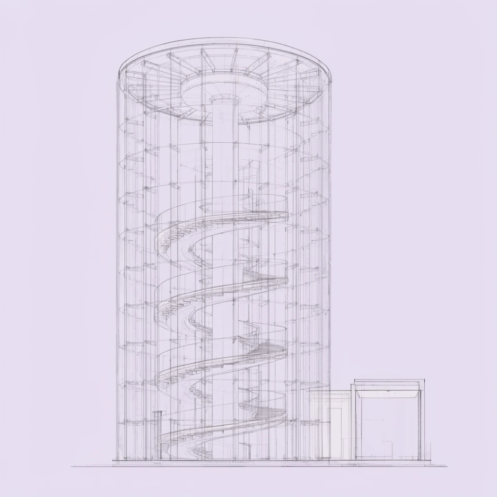 architectural technical drawing of a towering cylindrical glass structure, intricate internal spiral staircase winding around a central pillar, transparent exterior walls featuring a vertical and horizontal structural grid, adjacent small rectangular base building on the right, minimalist dark linework, solid pale lavender background, precise schematic blueprint aesthetic, wireframe transparency, isolated drafting sketch