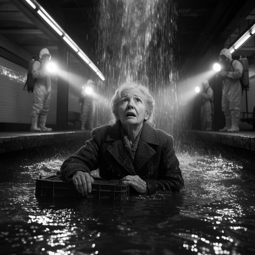 A high-contrast black and white cinematic shot of an elderly woman in a soaked wool coat submerged chest-deep in a flooded subway station. Heavy water pours from above, striking the dark surface. She clings to a floating crate, gazing upward in terror. Behind her, silhouetted workers in hazmat suits stand on the platform aiming glaring floodlights, casting stark shadows.