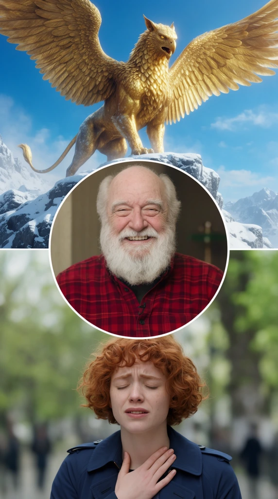 A vertically stacked three-panel collage. The top segment features a massive golden griffin with outstretched feathered wings perched on a snow-covered mountain crag beneath a bright azure sky. Below this, a circular portrait displays a smiling elderly man with a thick white beard wearing a red checkered flannel shirt. The bottom panel shows a young woman with short curly red hair in a dark blue trench coat. Her eyes are closed and one hand is pressed against her collarbone in an expression of profound relief, set against a strongly blurred outdoor background with out-of-focus green foliage and distant silhouettes.