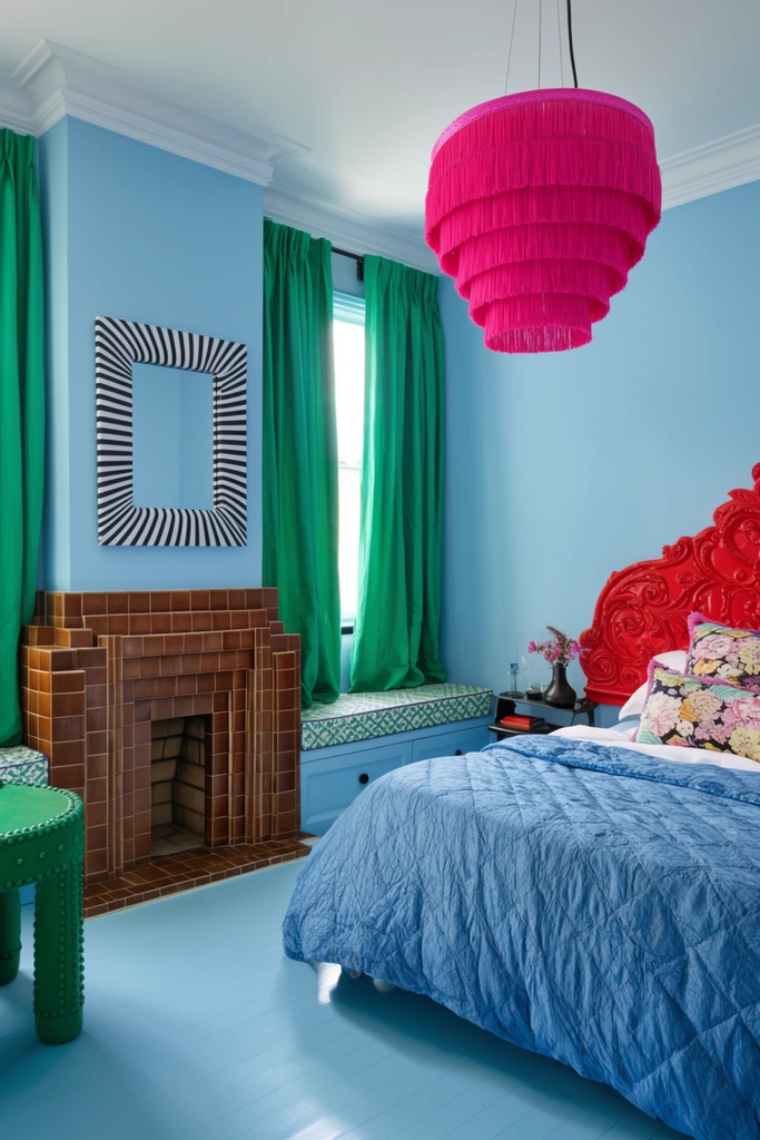 Maximalist bedroom interior, light blue walls and floor, stepped brown tiled fireplace, emerald green curtains, hot pink fringed pendant light, ornate red headboard, built-in bench, green studded table, striped mirror, vivid color blocking, architectural photography