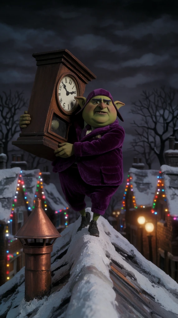 rotund goblin in a purple velvet aviator suit carrying a massive wooden clock, straddling a snowy rooftop peak near a copper ventilation shaft, snow-covered houses lined with multi-colored fairy lights, bare silhouetted trees, dark cloudy night sky, warm streetlamp glow, stop-motion animation aesthetic, miniature diorama style, moody lighting