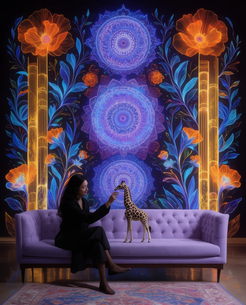 A woman with dark hair sits on a tufted lilac sofa, interacting with a miniature realistically patterned giraffe. Behind them, a massive symmetrical glowing mural dominates the dark room. The mural features intricate blue and purple mandalas stacked vertically, flanked by luminescent botanical designs of orange flowers, blue leaves, and glowing golden pillars. A patterned rug rests on a polished floor. The scene features high contrast, a vibrant neon color palette, and a surreal digital art style.