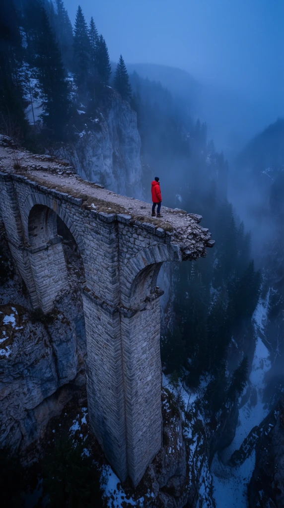 A lone explorer in a bright red parka stands at the jagged edge of a ruined stone aqueduct extending over a vast, misty alpine gorge. The ancient grey masonry with towering arches ends abruptly in mid-air above a terrifying drop. Deep below, dark evergreen pines cling to steep, snow-dusted cliffs fading into thick blue twilight fog. Captured in a cinematic wide shot from a high-angle perspective, the precarious verticality of the structure contrasts sharply against the wilderness. The cool, moody palette of deep blues and icy greys is anchored by the striking red coat under soft, diffused evening light.