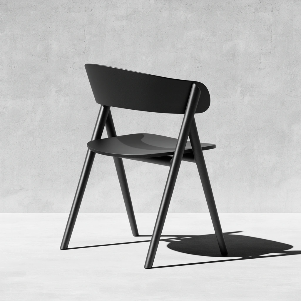 Minimalist dark matte chair, curved backrest, angled legs, stark studio setting, textured light gray concrete wall, strong directional lighting, sharp floor shadow, monochromatic palette