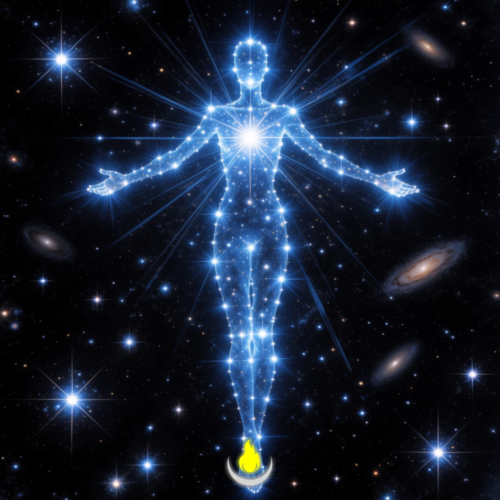 A glowing, blue humanoid figure composed of brilliant stars and light stands with arms outstretched against a vast, star-filled cosmic background. The central figure is a slender, translucent silhouette formed by a dense collection of white and vibrant blue points of light, mimicking a constellation. A concentrated, radiant starburst sits at the figure's upper chest, emitting long, sharp rays of light that extend outward in all directions. The figure’s arms are held horizontally to the sides, and its lower body tapers down toward the bottom of the frame. The entire scene is set against the deep black of outer space, which is peppered with countless stars of varying sizes, brightness, and colors, including several larger white-blue stars with diffraction spikes and a few distant, orange-hued elliptical galaxies. At the very bottom center, a small, stylized icon features a bright yellow flame-like shape cradled within a thin, silver crescent moon. The overall composition is symmetrical and centered, utilizing a high-contrast color palette of electric blue and stark white against a dark void, rendered in a celestial digital art style.