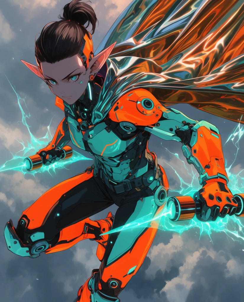 cybernetic elf warrior leaping, neon orange and teal sci-fi armor, flowing metallic cape, wielding glowing energy tonfas, sharp teal electric arcs, cloudy sky, low angle, detailed anime art