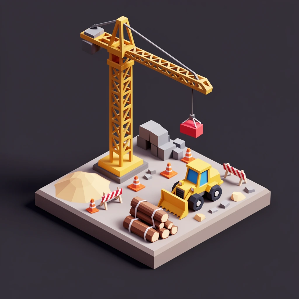 low poly 3D miniature construction site diorama on a square base, isometric perspective, tall yellow geometric tower crane lifting a red block, small yellow bulldozer with blue windows, orange traffic cones, striped barricades, strapped cylindrical logs, pile of sand, stacked grey blocks, solid dark grey background, minimalist geometric design, flat shading, soft directional lighting with sharp shadows, crisp edges, stylized 3D game art