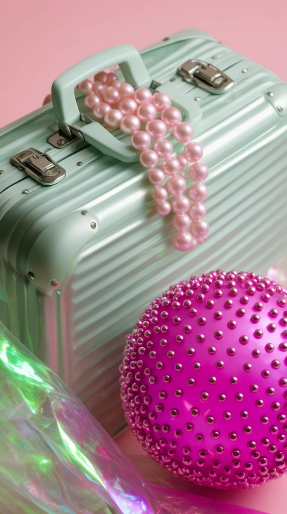 A close-up surreal still life featuring a pale mint green ribbed metallic suitcase angled across a pastel pink background. Glossy light pink pearls cascade over the suitcase and its handle. In the foreground sits a large magenta sphere studded with small metallic pink beads. Translucent iridescent material reflects green and pink light in the lower left corner. Soft lighting highlights the glossy textures, creating a vibrant pop-art aesthetic.