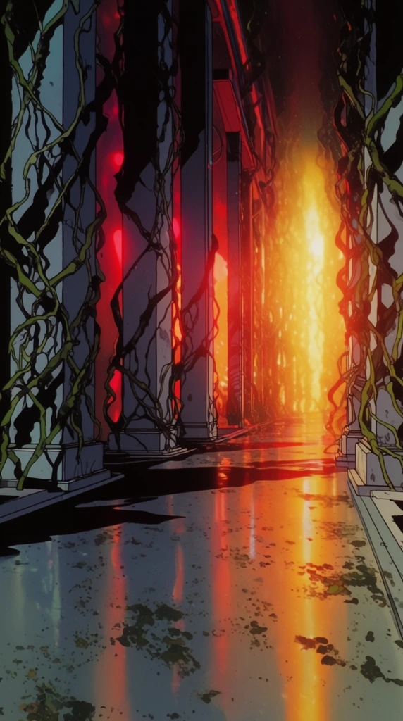 An underwater hallway lined with towering geometric pillars and thick, winding vines, rendered in a vintage 1990s cel-shaded anime background art style. The architectural corridor stretches into a sharp linear perspective, terminating at a blinding, blown-out golden-yellow and intense orange light source that diffuses heavily through the aquatic atmosphere. Precise, meticulous black ink linework defines the rigid forms of the pillars and the organic, twisting contours of the vines. Deep, solid black and cool slate-gray shadows create a high-contrast chiaroscuro, casting stark, sharp-edged silhouettes across the flooded space. Vibrant neon-red ambient glows illuminate the recessed areas between the structural columns. The smooth floor plane exhibits highly glossy, fluid reflections of the fiery distant light, textured with scattered, asymmetrical spots of dark grime and aquatic decay. The overall aesthetic combines flat, vibrant color fills with crisp architectural drafting to produce a heavily stylized, cinematic environment.