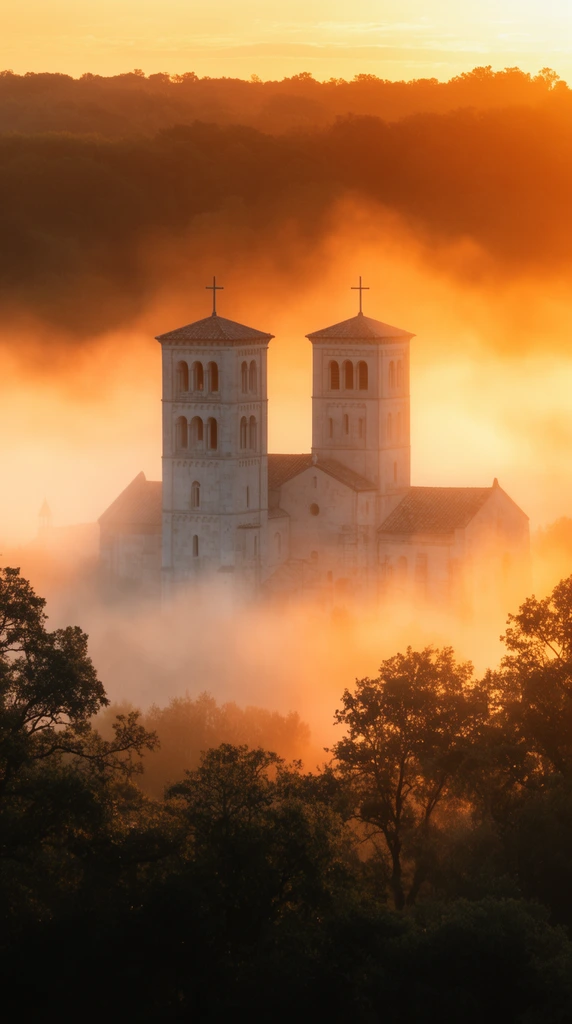 twin-towered stone abbey emerging from thick glowing fog, golden hour landscape photography, pale architecture with two square towers topped with crosses, dark silhouetted trees in the foreground, dense forested hills along the horizon, intense warm orange and yellow sunrise lighting illuminating the mist, striking contrast between dark foliage and backlit amber haze, telephoto compression, ethereal atmosphere