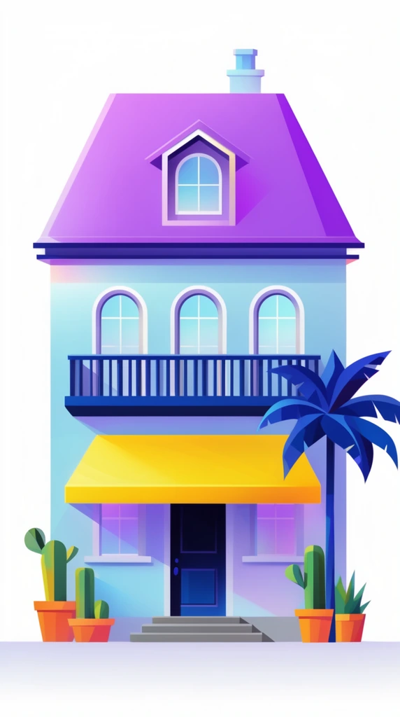 A stylized three-story house rendered in a vibrant vector illustration style against a stark white background. The building features a light blue facade topped by a steeply pitched bright purple roof with a central dormer window and a small chimney. A dark blue balcony fronts three arched windows on the second floor, while a vivid yellow awning shades the ground-floor entrance. Small grey steps lead to the dark blue front door, bordered by orange terracotta pots holding geometric cacti and a tall palm tree with deep blue fronds. The artwork uses smooth gradients, crisp geometric shapes, and a neon-pastel color palette to create a clean, modern architectural aesthetic.