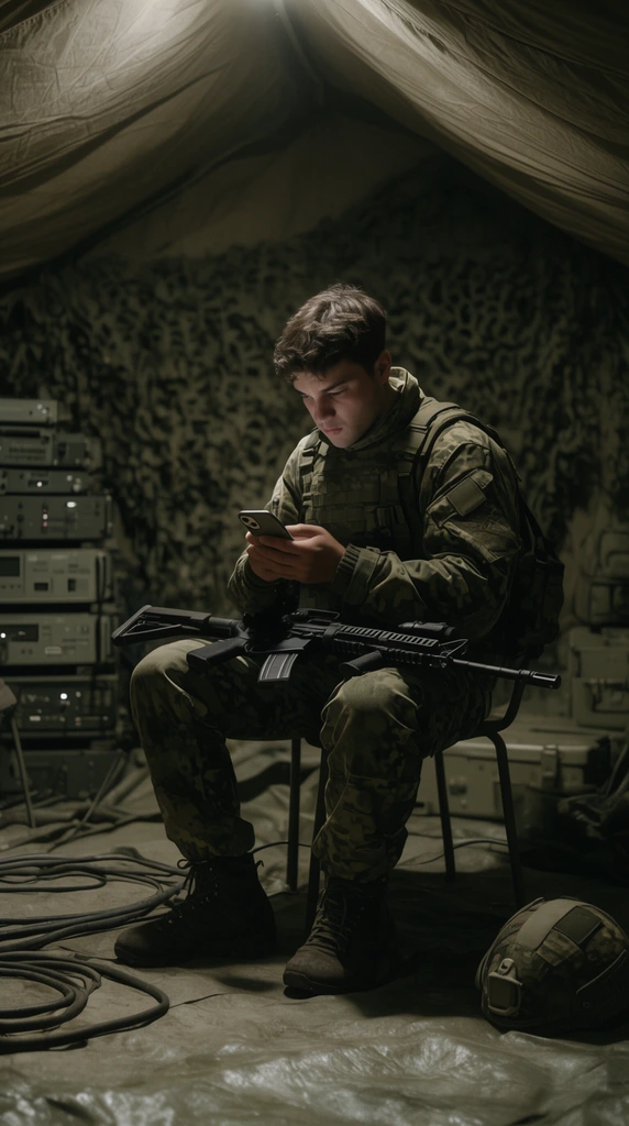 A young soldier in camouflage and tactical gear sits on a chair inside a dimly lit field tent, focused on a smartphone. A rifle rests across his lap. A helmet sits on the tarp floor near thick cables. Stacked electronic equipment and camouflage netting fill the background under a canvas roof. Dramatic overhead lighting creates deep shadows in the muted olive and tan setting.