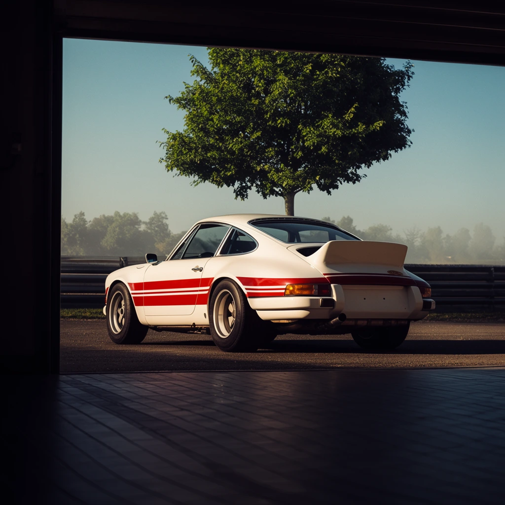 vintage white sports car with horizontal red racing stripes and a prominent rear ducktail spoiler, viewed from the shadowy interior of a garage looking out, framed by a high-contrast dark doorway, parked on sunlit asphalt, dark tiled floor in the foreground, single lush green tree behind the vehicle, hazy distant trees, low metal track barrier, clear blue sky, warm cinematic sunlight, low ground-level angle, photorealistic, strong chiaroscuro depth