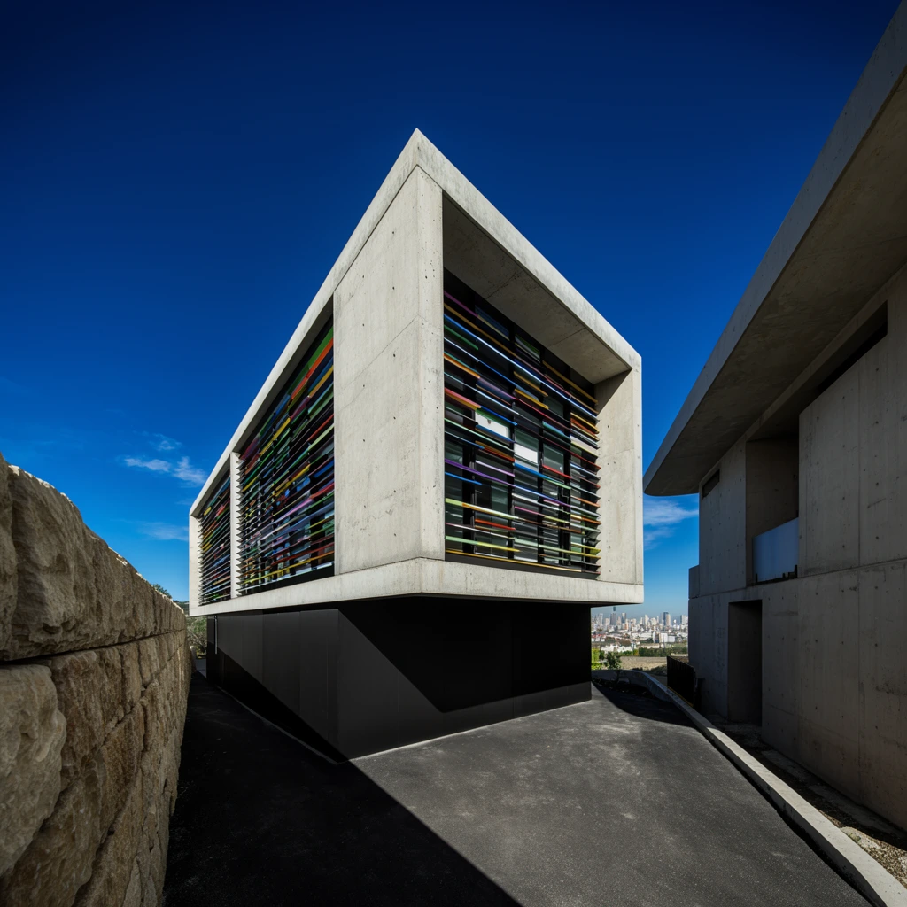 modern concrete house, colorful horizontal window louvers, overhanging brutalist structure, matte black ground floor, narrow asphalt driveway, sharp diagonal shadow, rusticated stone wall, secondary concrete building, bright deep blue sky, distant city skyline, wide-angle architectural photography, low-angle perspective, high contrast