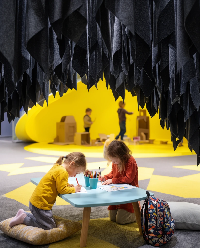 Two young girls draw at a low light-blue table beneath a canopy of heavy, dark-gray, jagged fabric panels. The kneeling girl in a yellow shirt and her companion in reddish-orange focus on coloring beside cups of pencils. A patterned backpack and soft cushions rest on a gray carpet featuring large yellow geometric shapes. Behind them, a vibrant, curved yellow wall dominates the brightly lit indoor play space, where out-of-focus figures interact with cardboard constructions. The composition emphasizes the stark contrast between the textured charcoal overhang and the luminous background.