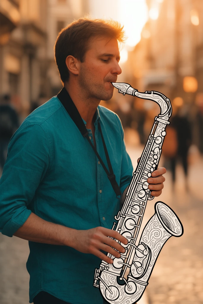 A man plays a flat, black-and-white illustrated saxophone in a soft-focus city street at golden hour. He has short brown hair and wears a teal button-down shirt with a black neck strap. The saxophone is rendered in 2D line art with intricate swirling patterns, contrasting sharply with the photorealistic musician. Warm orange sunlight casts strong rim lighting on his face. The mixed-media composition blends realistic portraiture with graphic illustration against a blurred background of buildings and pedestrians.