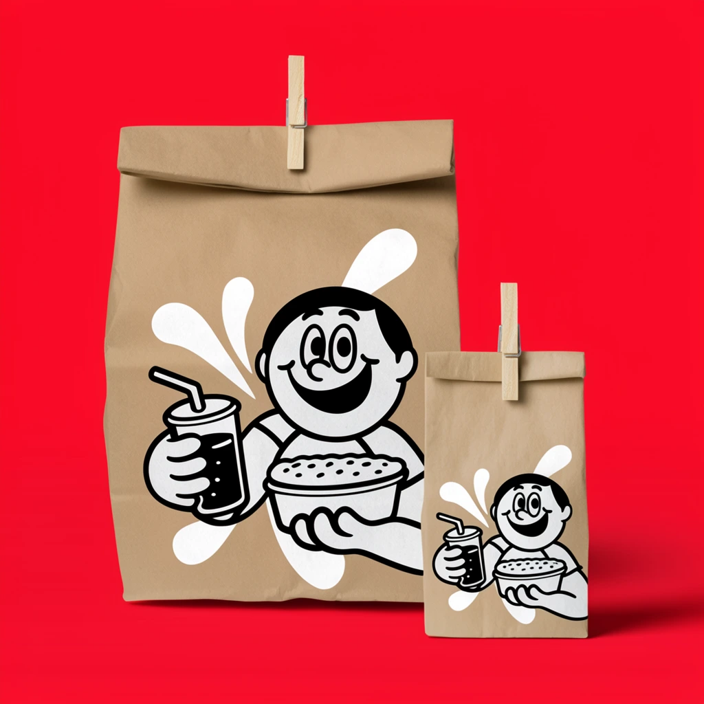 two brown kraft paper bags standing upright against a vibrant solid red background, large bag on the left and small bag on the right, folded tops secured with wooden clothespins, printed with bold black and white retro cartoon illustrations of smiling characters holding food and drinks, sweeping white graphic flourishes integrated into the thick black line art, soft drop shadows, clean studio lighting, minimalist product packaging mockup