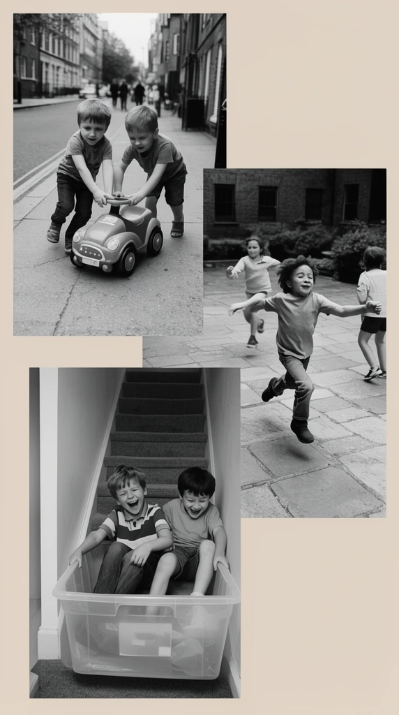 collage of four rectangular black and white photographs arranged on a solid light beige background, candid street photography of children at play, boys pushing a small toy car on a city sidewalk, children running and jumping dynamically in paved courtyards, two laughing boys sliding down an indoor staircase inside a clear plastic storage bin, overlapping composition, high contrast monochrome film photography