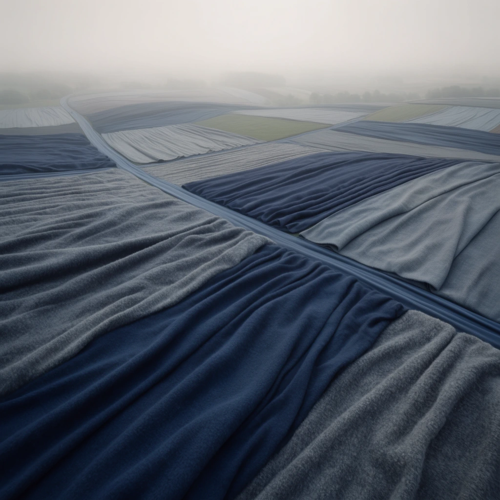 An aerial view of land with fields and roads constructed entirely from thick, draped textiles. The rolling agricultural plots are formed by folded, fleece-like fabric in muted navy blue and slate gray. Roads divide the massive swaths of cloth, appearing as smooth structural seams. Soft, diffuse lighting casts gentle shadows within the deep fabric folds. A heavy, pale fog obscures the distant horizon in this surreal, photorealistic scene, emphasizing the stark, desaturated color palette and intricate woven textures.