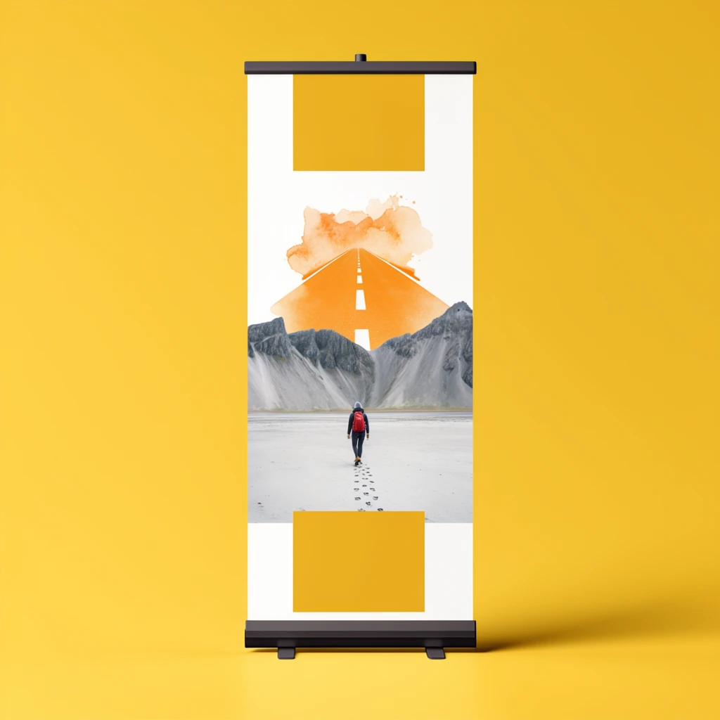 A vertical roll-up banner stand rests on a seamless, vibrant yellow studio background. The crisp white canvas features golden-yellow rectangular blocks at its top and bottom. The central design incorporates a photographic landscape showing a lone figure with a red backpack walking away across a pale sandy expanse, leaving footprints toward towering, jagged gray mountains. Above this landscape is an abstract orange watercolor splash shaped like a road extending into the distance. The banner's black hardware, including a top rail and a base with two small feet, casts soft drop shadows beneath clean, diffused lighting that emphasizes the sleek, modern presentation.