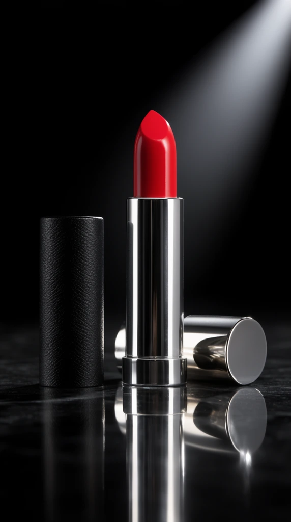 vibrant red lipstick in silver tube, standing black textured cap, resting metallic lid, dark glossy reflective surface, dramatic spotlight, black background, luxury product photography