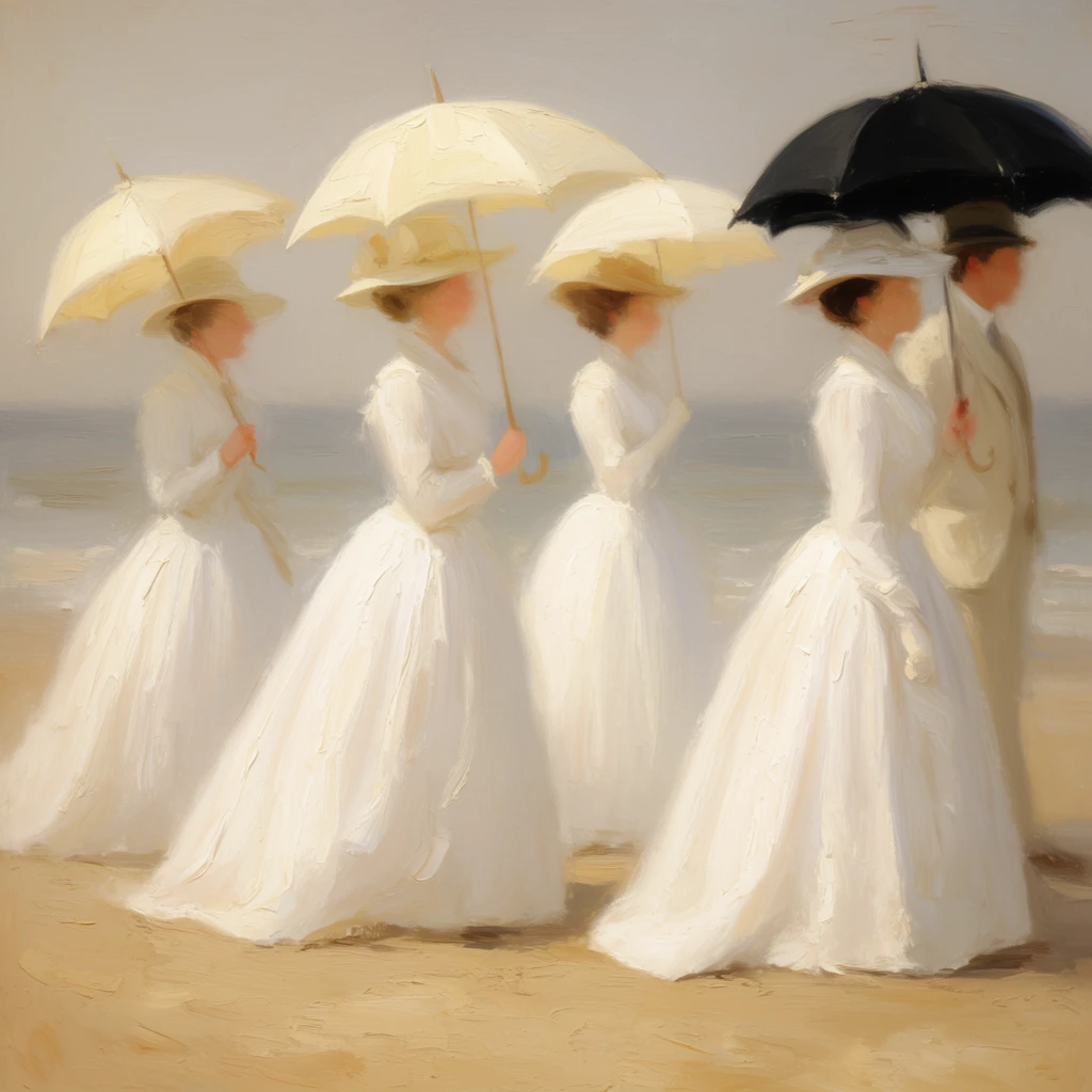 Four women and one man in historical white attire walk along a sandy beach holding open parasols. The women wear voluminous, floor-length white gowns and wide-brimmed hats. Three carry pale cream umbrellas, while the rightmost woman holds a black umbrella beside a man in a light suit. The foreground features textured strokes of tan sand against a hazy, muted blue-grey ocean and sky. The composition is rendered in a soft, painterly style using thick, visible impasto brushstrokes, luminous lighting, and blurred edges, leaving the figures' features abstract and evocative.